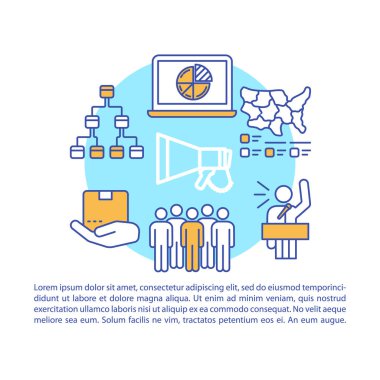 Ticaret gösterisi makale sayfası vektör şablonu. Kurumsal olay. İş sunumu. Broşür, dergi, doğrusal simgeler ile kitapçık tasarım elemanı. Baskı tasarımı. Metin alanı ile kavram çizimleri