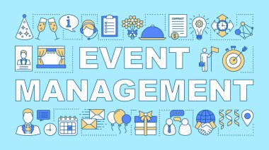 Olay yönetimi sözcük kavramları afiş. Zamanlama ve organizasyon. Olay ajansı. Sunum, web sitesi. Doğrusal simgeler ile izole harf tipografi fikri. Vektör anahat çizimi