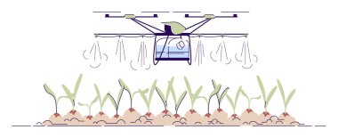 Tarımsal sulama drone düz vektör illüstrasyon. Karikatür kırpma püskürtücü, anahat ile gübre quadcopter. Otomatik fıskiye helikopter. Beyaz arka plan üzerinde Tarım püskürtme İhA izole eleman