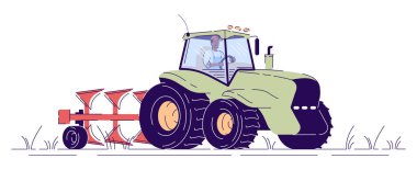 Tractor driver flat vector character. Tillage, cultivation agricultural machinery cartoon design element with outline. Farming implement. Tractor with plough attachment isolated on white background