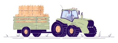 Tractor transporting haystacks flat vector illustration. Autumn hay harvesting cartoon concept with outline. Agricultural machinery isolated on white background. Hay bales on tractor cart, trailer