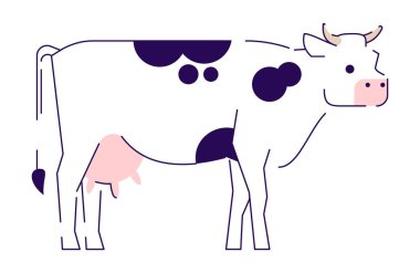 İnek düz vektör illüstrasyon. Hayvancılık, sığır yetiştiriciliği, evcil hayvancılık tasarım elemanı. Sığır eti üretimi, süt çiftliği. Karikatür benekli beyaz arka plan üzerinde izole
