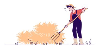 Yaba düz vektör karakteri ile Çiftçi saman yapımı. Sonbahar hasat anahat ile izole kavramı. Çiftlik işçisi, saman balyaları, samanlıklar. Tarım salonları. Saman hasat karikatür illüstrasyon