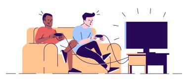 Çocuklar video oyunu düz vektör illüstrasyon oynarken. Öğrenciler, joystick'li oda arkadaşları Tv set ekranına bakıyor, beyaz arka plan da anahat öğeleri olan izole çizgi film karakterleri kanepede oturuyorlar.