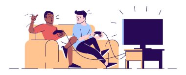 Video oyunu düz vektör illüstrasyon Boys rekabet. Öğrenciler, oda arkadaşları joystick tutuyorlar. Mutlu kazanan, beyaz arka plan üzerinde anahat öğeleri ile hayal kırıklığına kaybeden izole çizgi film karakterleri