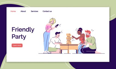Dostu parti açılış sayfası vektör şablonları ayarlayın. Düz resimler ile jenga web sitesi arayüzü fikir oynamak. Oyuncular eğlenceli ana sayfa düzeni. Anahat insanlar eğlenceli web afiş, web sayfası karikatür kavramı 