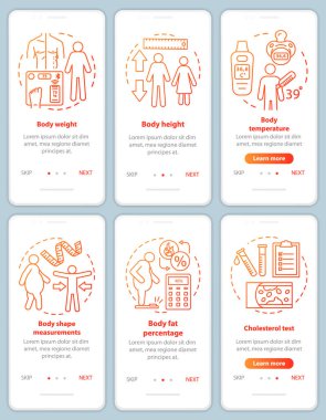 Mobil uygulama sayfası ekran vektör templa onboarding vücut ölçümü