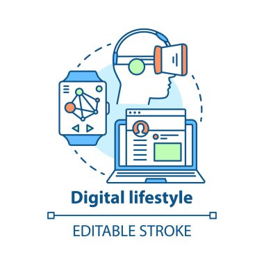 Dijital yaşam tarzı kavramı simgesi. Sanal gerçeklik fikri ince çizgi illüstrasyon. Modern eğlence. İnternet bağlantısı, sosyal teknoloji. Vektör yalıtılmış anahat çizimi. Kullanılabilir kontur