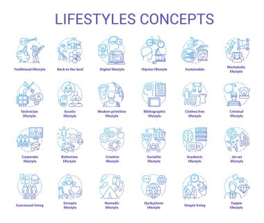 Lifestyles blue concepts icons set. Living types idea thin line illustrations. Technician, hipster, clothes free, sustainable, ascetic lifestyle. Vector isolated outline drawings. Editable stroke