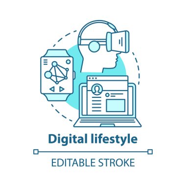 Dijital yaşam tarzı mavi kavram simgesi. Sanal gerçeklik fikri ince çizgi illüstrasyon. Modern eğlence. İnternet bağlantısı, sosyal teknoloji. Vektör yalıtılmış anahat çizimi. Kullanılabilir kontur