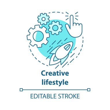 Yaratıcı yaşam tarzı mavi kavram simgesi. Beyin fırtınası fikir ince çizgi illüstrasyon. Hayal gücü ve orijinal fikir üretimi. Yaratıcı düşünme. Vektör yalıtılmış anahat çizimi. Kullanılabilir kontur
