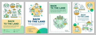 Back to the land brochure template layout. Agrarian movement. Flyer, booklet, leaflet print design with linear illustrations. Vector page layouts for magazines, annual reports, advertising posters