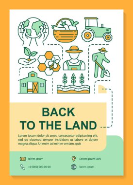 Back to the land poster template layout. Agriculture. Cultivating plants. Banner, booklet, leaflet print design with linear icons. Vector brochure page layouts for magazines, advertising flyers