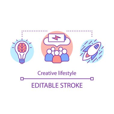 Yaratıcı yaşam tarzı konsept ikonu. Beyin fırtınası fikri ince çizgi çizimi. Hayal gücü ve orijinal fikir üretimi. Yaratıcı düşünce. Vektör izole çizim. Düzenlenebilir vuruş