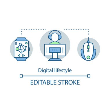 Digital lifestyle concept icon. Virtual reality idea thin line illustration. Modern entertainment. Internet connection. Playing video game. Vector isolated outline drawing. Editable stroke