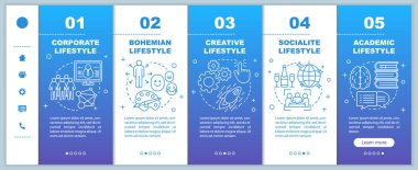 Mobil web sayfaları vektör şablonuna binen yaşam tarzı türleri. Akademik. Doğrusal çizimler ile duyarlı akıllı telefon web sitesi arayüz fikri. Web sayfası walkthrough adım ekranlar. Renk kavramı 