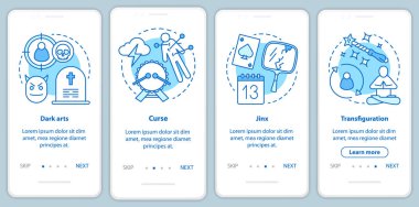 Doğrusal kavramlar ile mobil uygulama sayfası ekranında kara büyü. Transfiguration, lanet büyü ler yol adımları grafik talimatları. Witchcraft Ux, Ui, Gui vektör şablonu çizimlerile