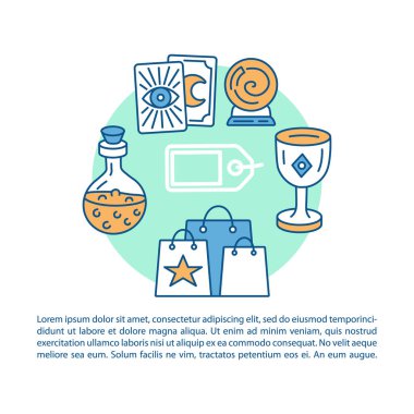 Magic shop mal makale sayfa vektör şablonu. Doğrusal simgeler ve metin kutuları ile broşür, dergi, kitapçık tasarım elemanı. Falcılık. Baskı tasarımı. Metin alanı ile kavram çizimleri