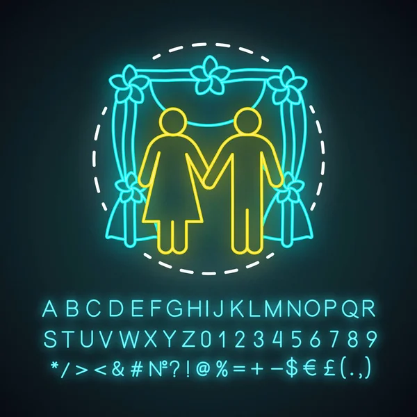Wedding ceremony neon light concept icon. Engagement, marriage celebration event idea. Bride and groom. Bridal party. Newlyweds, just married. Glowing alphabet, numbers. Vector isolated illustration — 스톡 벡터