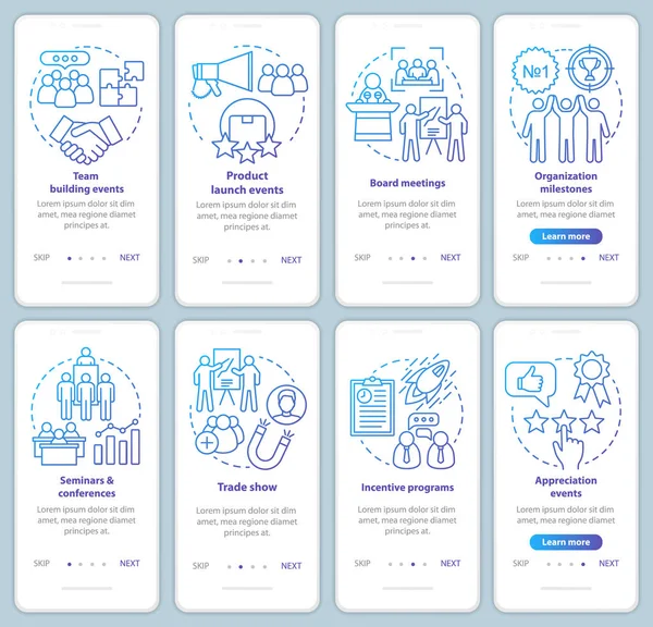 Corporate events management onboarding mobile app page screen with linear concepts. Company special events planner walkthrough steps graphic instructions. UX, UI, GUI vector template with illustration