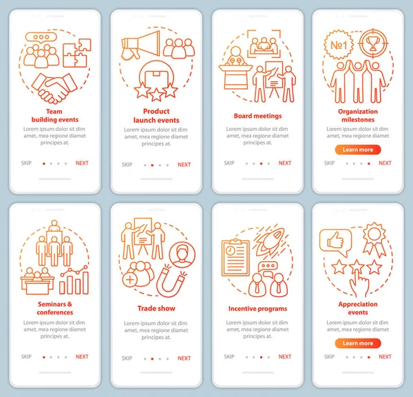 Corporate events management onboarding mobile app page screen with linear concepts. Company special events planner walkthrough steps graphic instructions. UX, UI, GUI vector template with illustration
