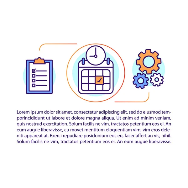 Mall för tids hanterings artikel sida vektor. Schemaläggning. Avtalad tid, mötesplanering. Broschyr, magasin, broschyr designelement med linjära ikoner och text. Utskrifts design. Konceptillustrationer — Stock vektor