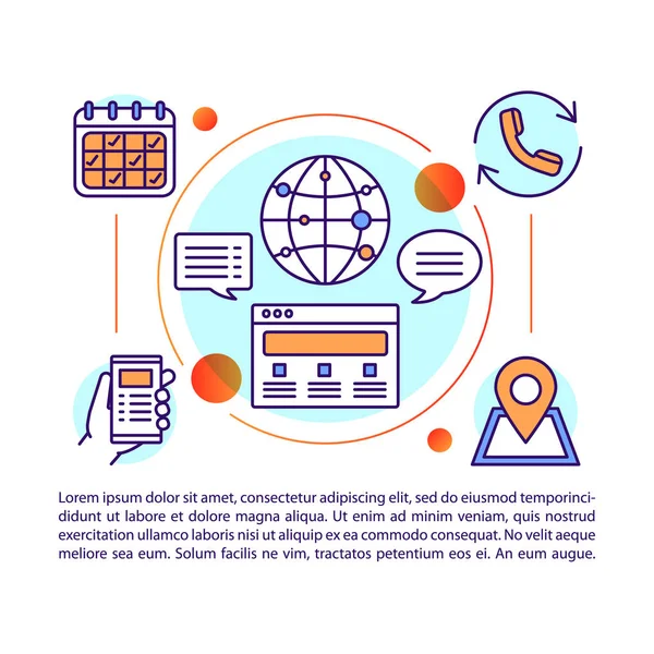 İletişim merkezi makale sayfası vektör şablonu. Müşteri destek hizmetleri. Iletişim. Broşür, dergi, doğrusal simgeler ve metin ile kitapçık tasarım elemanı. Baskı tasarımı. Kavram çizimleri
