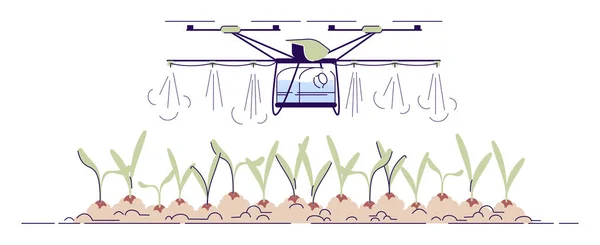 Illustrazione vettoriale piatta drone irrigazione agricola. Cartoon crop sprayer, fertilizzante quadricottero con contorno. Elicottero automatico a sprinkler. Farming spruzzatura UAV elemento isolato su sfondo bianco — Vettoriale Stock