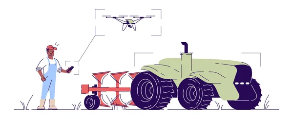 Auto condução trator drone ilustração plana. Equipamento de agricultura inteligente, muito no conceito de desenhos animados agricultura com contorno. Máquinas agrícolas. Trator sem motorista de controle de personagem de agricultor com arado — Vetor de Stock