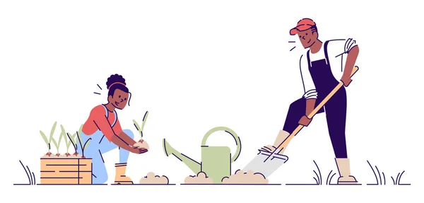 Par Trädgårdsskötsel tillsammans platt vektor illustration. African American jordbrukare plantera blommor seriefigurer med kontur. Man och kvinna odlar grödor. Plantskola våren fungerar koncept — Stock vektor