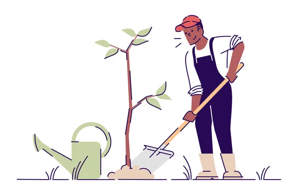 Homem plantando árvore caráter vetorial plana. Africano agricultor americano jardinagem desenho animado ilustração com contorno. Parque crescente, conceito de obras de primavera. Voluntário, jardineiro plantando broto com pá —  Vetores de Stock