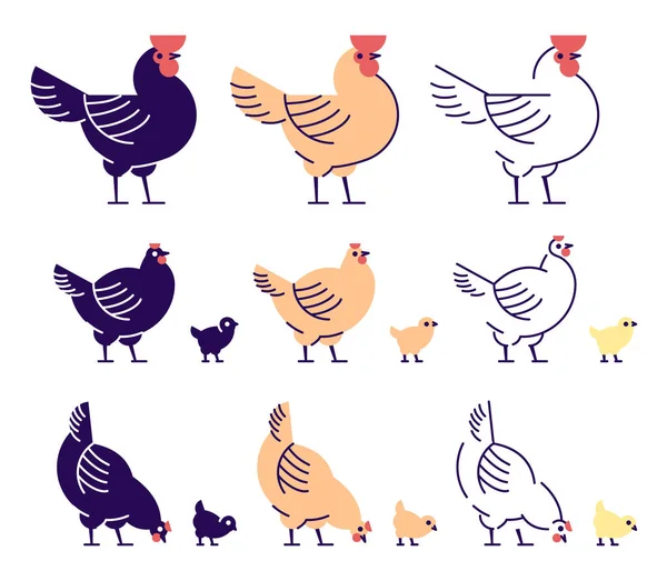 Csirkék lapos vektor illusztrációk beállítva. Multicolor csajok, tyúkok és kakas csipkedő rajzfilm design elemek vázlatos. Csirkehústermelés, madártenyésztés. Baromfitartó gazdaság, állattenyésztés — Stock Vector