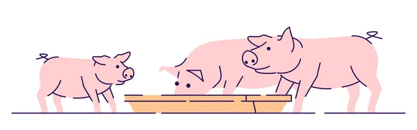 Roze varkens voederen platte vector illustratie. Veehouderij, veeteelt en kweek cartoon concept met omtrek. Vleesproductie bedrijf. Hog, biggen eten geïsoleerd op witte achtergrond — Stockvector