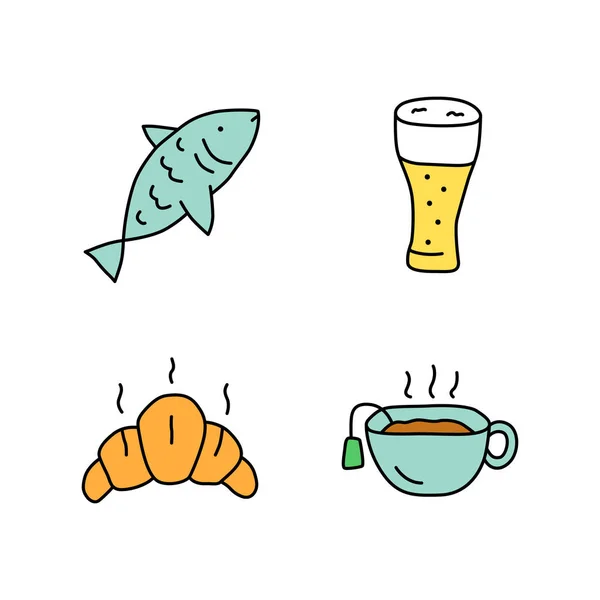 Bebidas com lanches conjunto de ícones de cor doodle. Peixe, vidro de cerveja, cro — Vetor de Stock