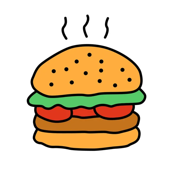 Köstliche Burger Farbe Symbol. traditionelle Hamburger, Junk Food isolierte Vektorillustration. Ungesunde Ernährung, schädliches Essen, Cartoon-Symbol zum Mitnehmen. gegrilltes Patty mit Brötchen und Gemüse — Stockvektor