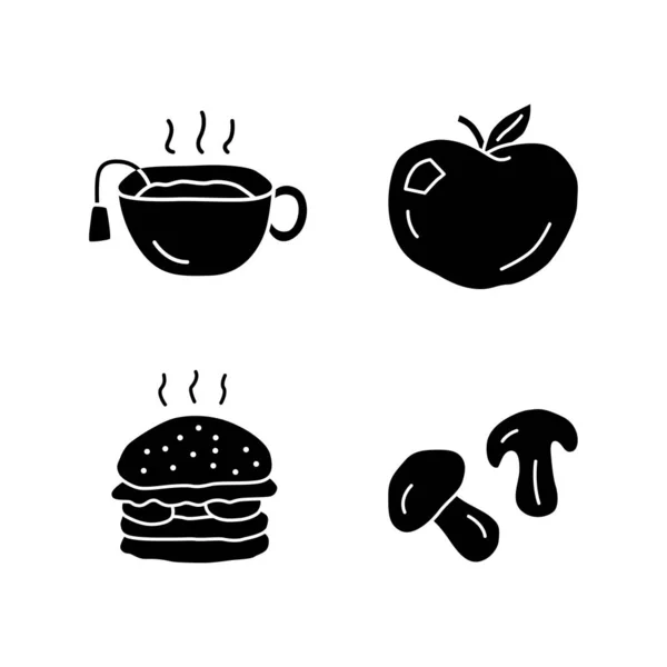 Heerlijke lunch doodle glyph icons set. Lekker ontbijt, snelle fo — Stockvector