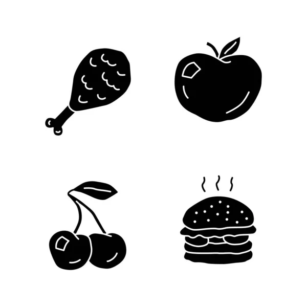 Nutrição saudável e prejudicial conjunto de ícones glifo. Junk food and org —  Vetores de Stock