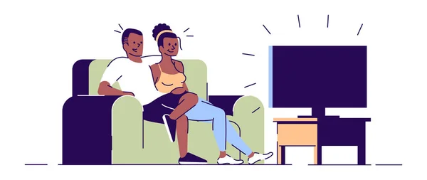 Password keluarga di rumah vektor datar ilustrasi. Kencan romantis, pasangan duduk di sofa, menonton TV. Boy, gadis menikmati film, film karakter kartun terisolasi dengan elemen garis besar pada latar belakang putih - Stok Vektor