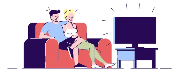 Perfecta noche relajar ilustración vector plano. Novio abrazando novia, viendo películas. Joven pareja casada sentada en el sofá personajes de dibujos animados aislados con elementos de contorno sobre fondo blanco — Archivo Imágenes Vectoriales