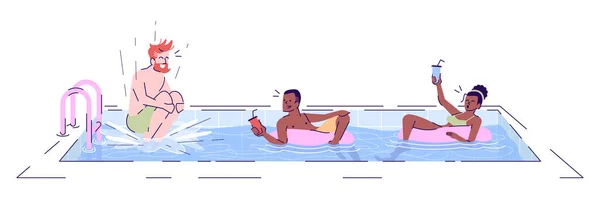 Туристи в басейні плоскі векторні ілюстрації. Бородатий чоловік стрибає у воду. Друзі плавають в гумових кільцях з коктейлями ізольовані герої мультфільмів з контурними елементами на білому тлі — стоковий вектор