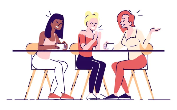 Ragazze in caffè piatto vettoriale illustrazione. Giovani donne che bevono caffè, tè, sedute a tavola. Studenti di sesso femminile in chat, pettegolezzi isolati personaggi dei cartoni animati con elementi di contorno su sfondo bianco — Vettoriale Stock