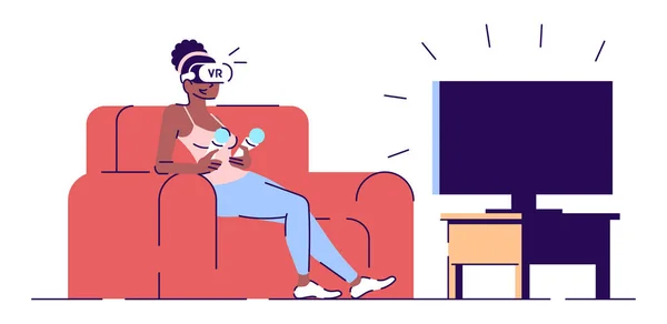 Dívka s plochým vektorovým obrázkem headsetu. Mladá žena sedící na pohovce, užívající virtuální realitu videohry samostatně izolovaný kreslený znak s prvky osnovy na bílém pozadí — Stockový vektor