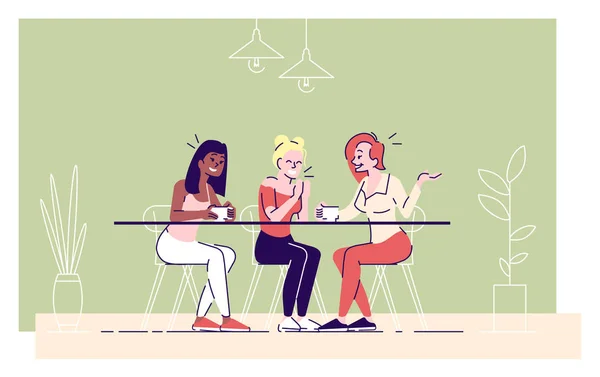 Le ragazze bevono caffè in caffè piatto vettoriale illustrazione. Giovani signore godono di tè, donne allegre discutendo le ultime notizie, gossiping personaggi dei cartoni animati con elementi di contorno su sfondo verde — Vettoriale Stock