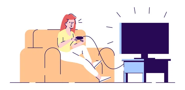 Adolescente jugando ilustración de vectores planos de videojuegos. Chica joven sosteniendo joystick, sentado limpio televisor. Gamer femenino con personaje de dibujos animados playstation con elementos de contorno sobre fondo blanco — Vector de stock