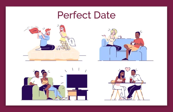 Perfect date flat vector concept illustration. Romantic couple enjoying relax, leisure time together. Boyfriend, girlfriend, lovers pastime isolated cartoon design elements set on white background — Stock Vector