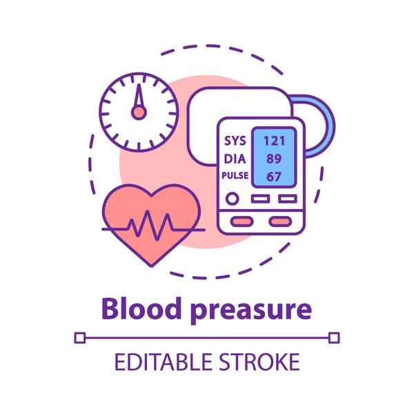 Blood pressure control concept icon. Heart functioning, pulse monitoring idea thin line illustration. Systolic and diastolic pressure rate. Vector isolated outline drawing. Editable stroke — Stock Vector