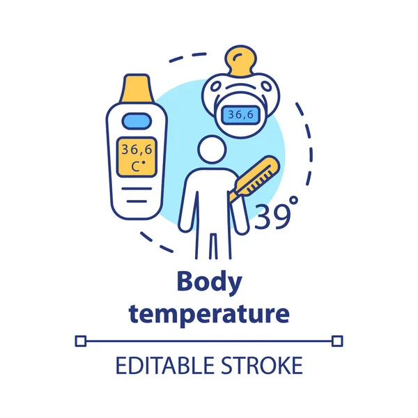 Lichaamstemperatuur meetgereedschap concept icoon. Patiënt met koorts idee dunne lijn illustratie. Moderne elektronische thermometer voor kinderen. Vector geïsoleerde omtrek tekening. Bewerkbare lijn — Stockvector