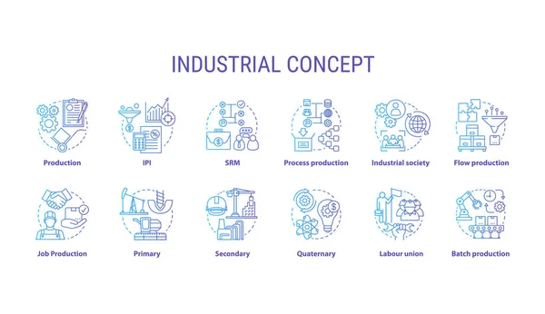 Conjunto de iconos de concepto azul industrial. Idea de segmento económico ilustraciones de línea delgada. Industria primaria, secundaria. Producción por lotes, sindicato. Dibujos de contorno aislados vectoriales. Carrera editable — Vector de stock