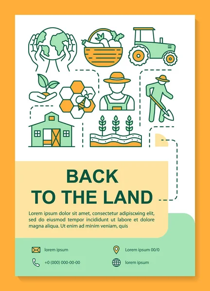 Back to the land poster template layout. Agriculture. Cultivating plants. Banner, booklet, leaflet print design with linear icons. Vector brochure page layouts for magazines, advertising flyers — Stok Vektör