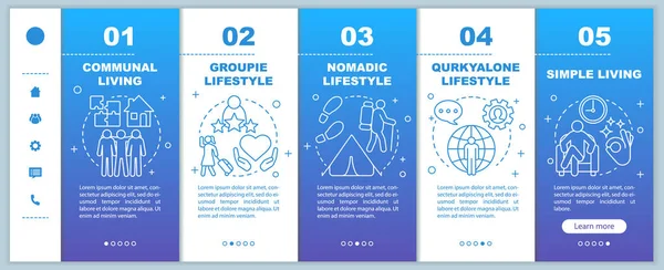 Mobil web sayfaları vektör şablonuna binen yaşam tarzı türleri. Toplumsal, göçebe. Doğrusal çizimler ile duyarlı akıllı telefon web sitesi arayüz fikri. Web sayfası walkthrough adım ekranlar. Renk kavramı 